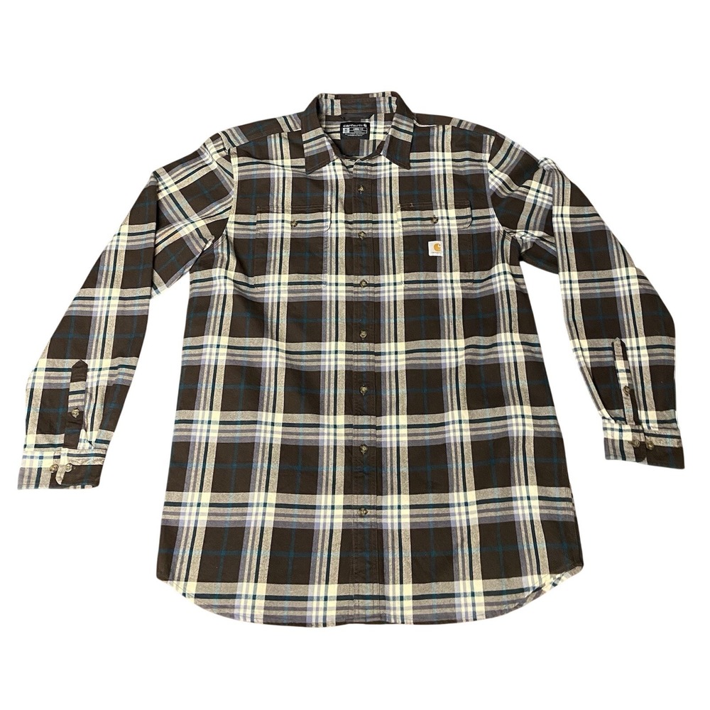 Carhartt 105078 XL Tall Loose Fit Flannel Shirt DKB Brown Teal Plaid‎ Workwear